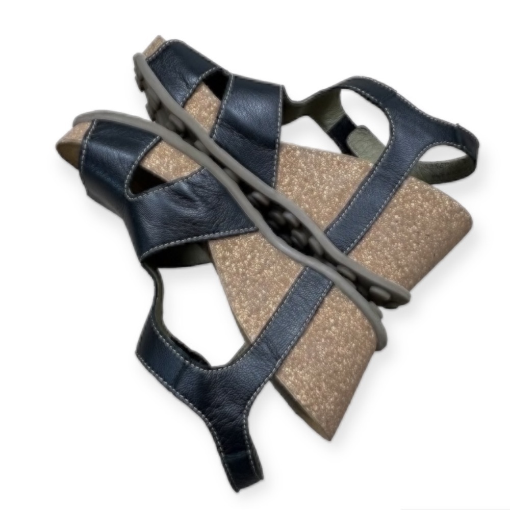 Fly London Goda Wedge Sandal Leather Cork 37 Black - Picture 6 of 12